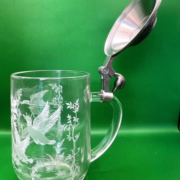 Vintage Etched Glass Beer Stein Tankard Lid Duck Goose Pond Scene Germany France - Picture 5 of 14